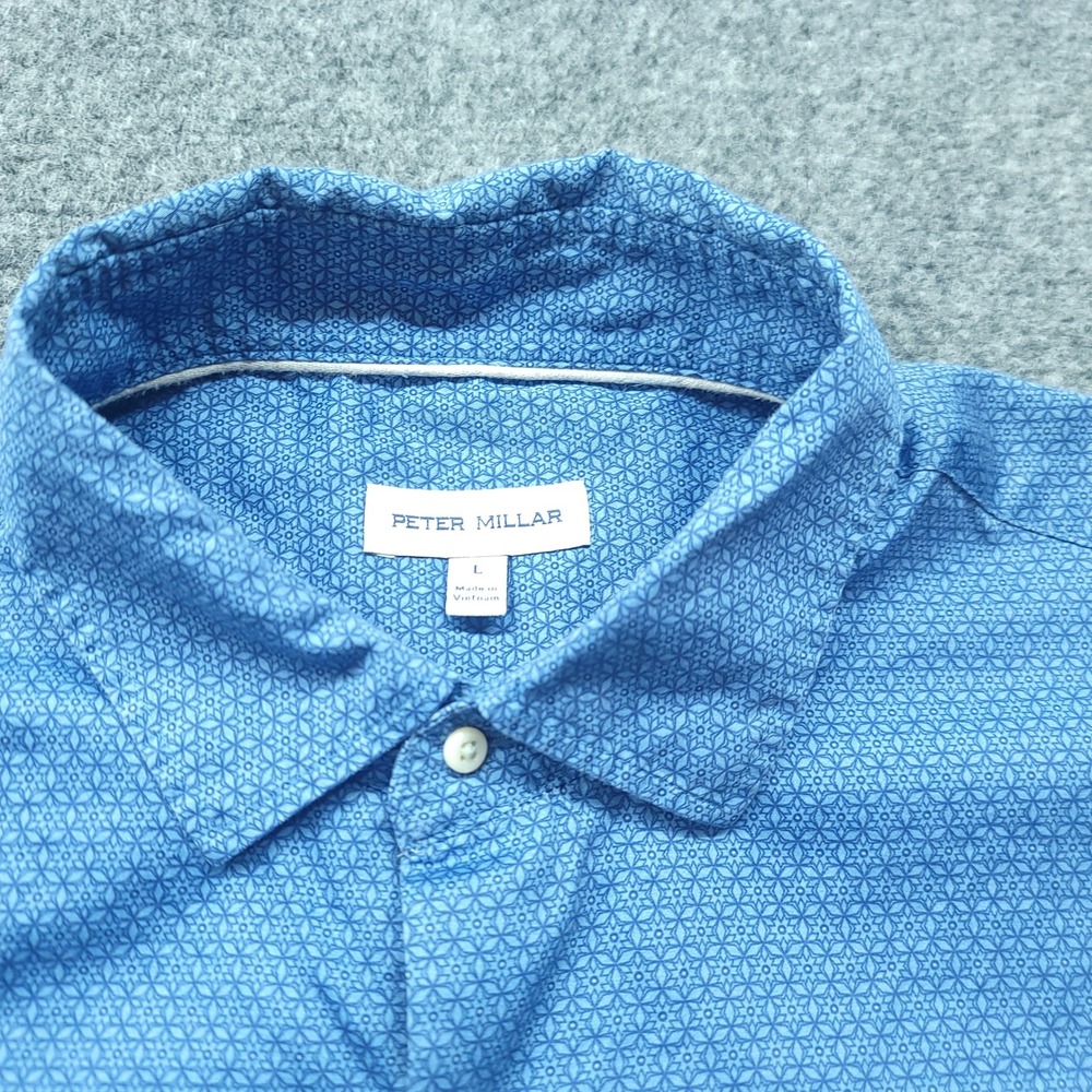 Peter Millar Mens Large Blue Geometric Star Print Cotton Short Sleeve Shirt